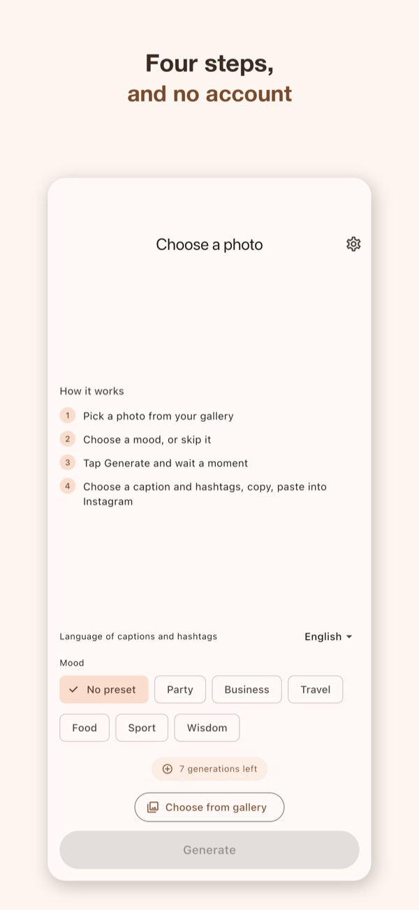 Four steps: photo, mood, generate, copy