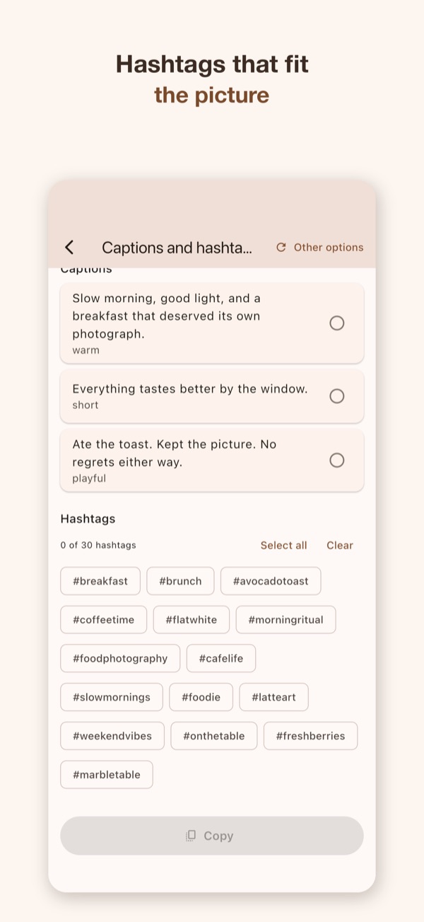 Hashtags chosen for the same photo