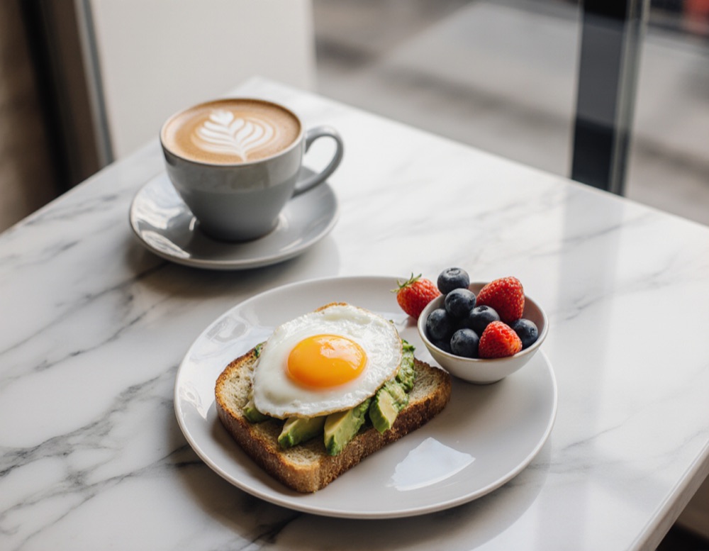 Avocado toast with a fried egg, a bowl of berries and a latte on a marble café table