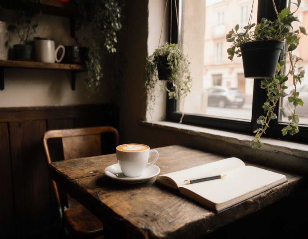 A cappuccino and an open notebook on a wooden table by a café window with hanging plants