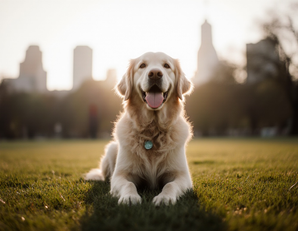 A smiling golden retriever lying on the grass in a city park at golden hour